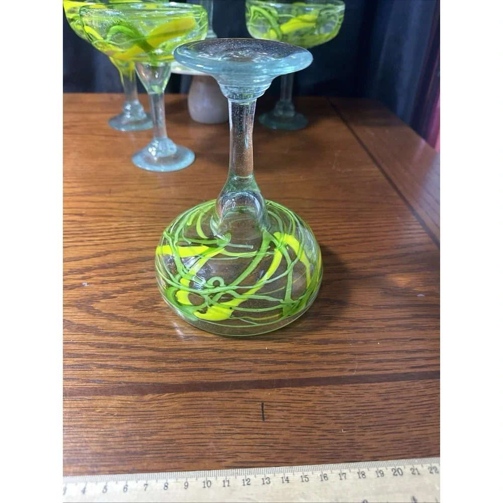 5 Margarita Glasses Hand Blown Recycled Mexican Yellow & Green Drizzle 6.5 
